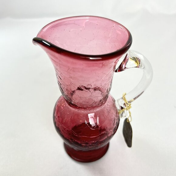 Kanawha Handblown Small Pitcher Vintage Cranberry Crackle Glass 5 1/4" with Tag - Picture 8 of 11